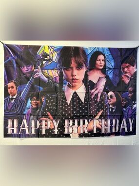 Wednesday Addams Happy Birthday Backdrop Banner 5x3Ft.